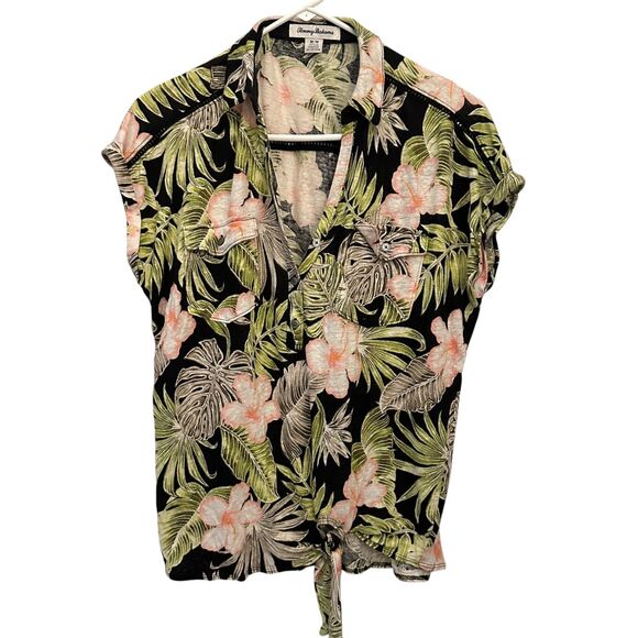 Tommy Bahama Women's Green and Pink Hawaiian 100% Linen Button Up Shirt Size M - Picture 1 of 8